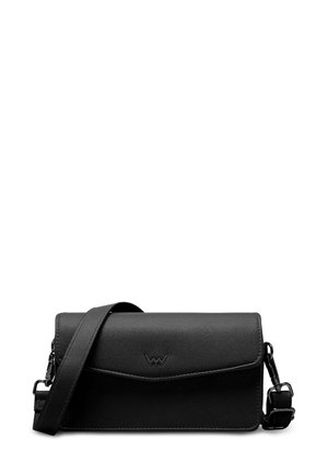 Black faux leather crossbody bag with a flap closure, adjustable strap, and subtle embossed logo on the front. Smooth texture, rectangular shape.