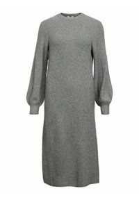 Abito grigio lavorato a maglia con maniche lunghe e voluminose, scollatura rotonda e motivi testurizzati diagonali. Realizzato in morbido materiale a coste.