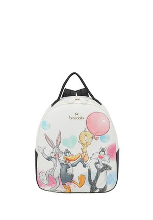 Zaino bianco con spallacci neri raffigurante Bugs Bunny, Daffy Duck, Tweety che tiene un palloncino rosa e Sylvester dei Looney Tunes.