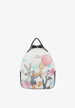Zaino bianco con spallacci neri raffigurante Bugs Bunny, Daffy Duck, Tweety che tiene un palloncino rosa e Sylvester dei Looney Tunes.