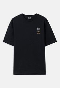 Black cotton t-shirt with short sleeves, featuring a square logo patch and gold text on the left chest area. Smooth texture, standard fit.