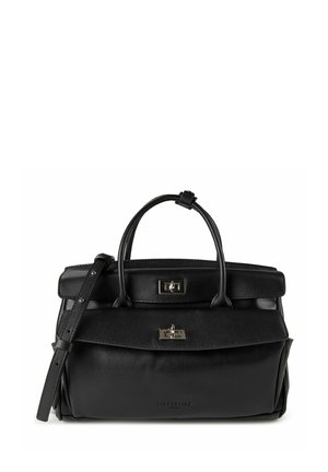 Sac à main en cuir noir avec poignées supérieures, bandoulière réglable et deux fermoirs à tourniquet argentés sur les rabats avant.