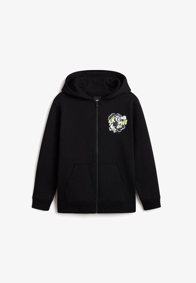 Sudadera con cremallera negra hecha de tela suave, que presenta un gráfico frontal con "SK8 HI", dos bolsillos laterales y una capucha con cordón.