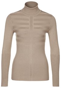 Beżowy sweter z golfem o teksturowanym wzorze w paski, z prążkowanymi mankietami i dołem, dopasowanym kroju oraz miękkim materialem dzianinowym.