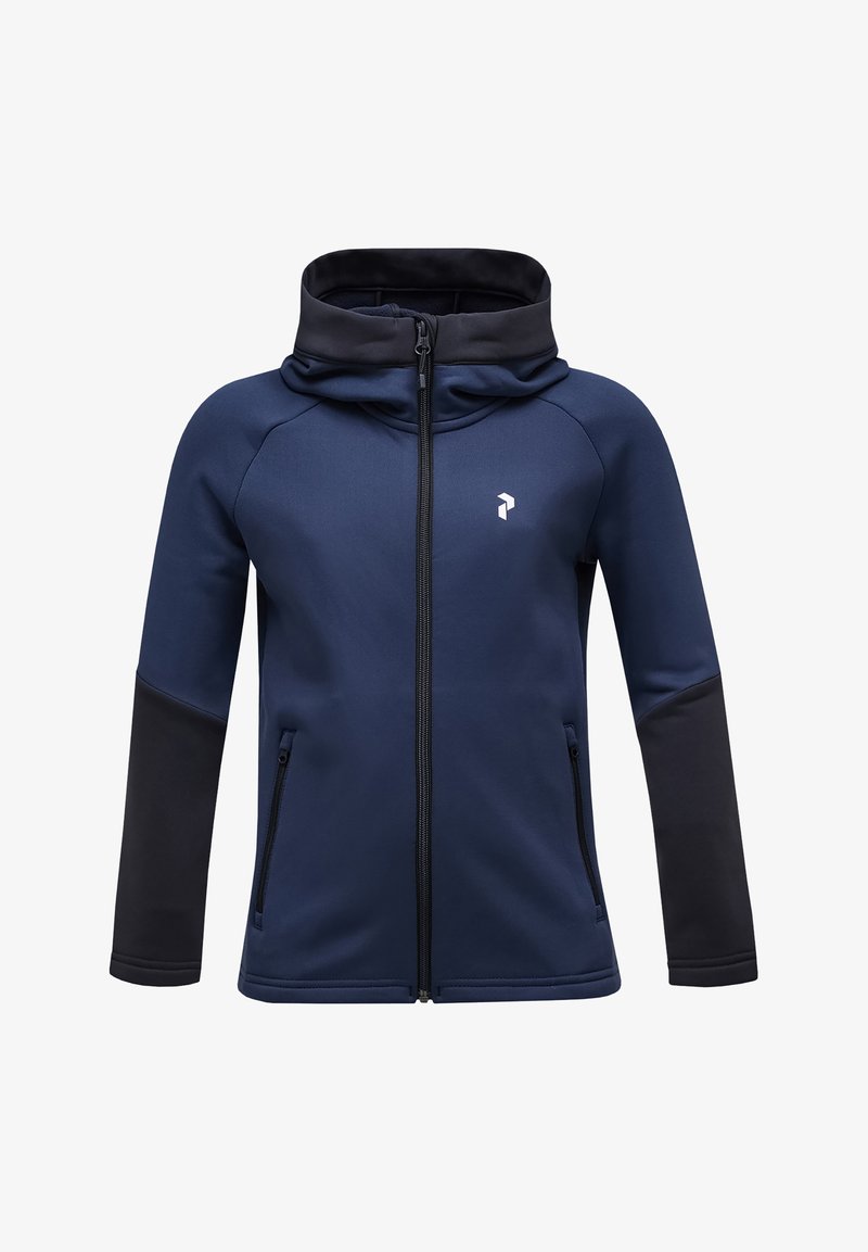 Marinefleecejakke med kontrasterende sorte ærmer, høj krave, lynlås foran og sidelommer; har et lille hvidt logo på brystet.