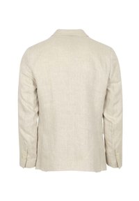 Lichtbeige linnen blazer met een nietched kraag, enkele vent, en zes-knopen manchetten. Heeft een gestructureerde stof en een getailleerde pasvorm.