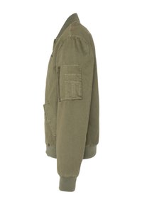Chaqueta bomber verde oliva, material de algodón, con cuello y puños acanalados, bolsillos con cremallera y tapa, acabado ligeramente texturizado, corte holgado.