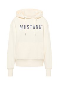 Crème-kleurige hoodie met een voorzak, een trekkoordkap en het "MUSTANG" logo in donkerblauw. Zachte stof met ribgebreide boorden en zoom.