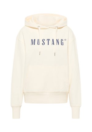 Sudadera color crema con un bolsillo frontal, capucha con cordón y logo "MUSTANG" en azul oscuro. Tejido suave con puños y dobladillo acanalados.
