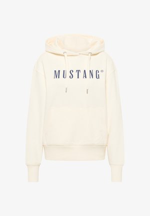 Cremefarvet hoodie med en frontlomme, snørehætte og "MUSTANG" logo i mørkeblå. Blødt stof med ribbede manchetter og kant.
