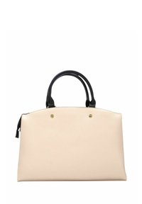 Bolso de mano de cuero beige con asas de cuero negro, forma estructurada y acentos de hardware dorado. Textura suave y diseño minimalista.