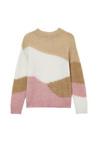 Maglione a maniche lunghe in maglia con blocchi di colore diagonali in beige, bianco e rosa, dotato di scollatura rotonda e polsini e orlo a coste.