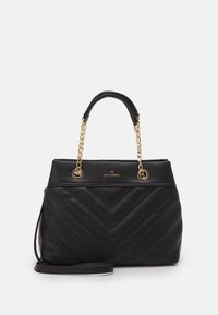 Sort quiltet håndtaske med guld kæde detaljer og håndtag. Har en glat tekstur og en aftagelig skulderrem for alsidighed.