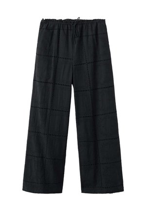 Pantalones negros de pierna ancha con cintura elástica y cordón, con un sutil patrón cuadrado en toda la tela.