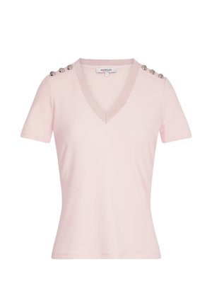 Lichtroze V-hals top met korte mouwen en zilveren knopen op de schoudernaden, gemaakt van geribd stof, maat small van het merk Morgan.