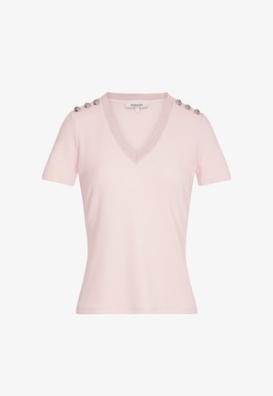 Lichtroze V-hals top met korte mouwen en zilveren knopen op de schoudernaden, gemaakt van geribd stof, maat small van het merk Morgan.