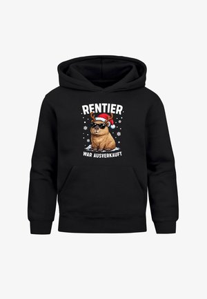 Schwarzer Hoodie mit einer Grafik eines Rentiers, das eine Sonnenbrille und einen Weihnachtsmannhut trägt, mit weißen Schneeflocken und dem Text "RENTER WAR AUSVERKAUFT."