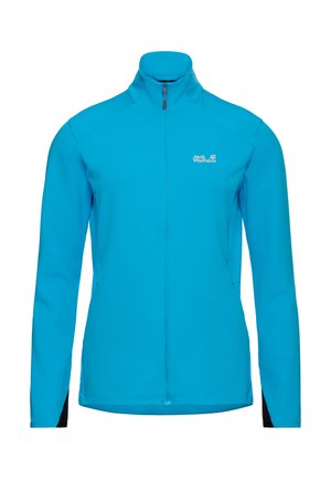 Blauwe softshelljas met hoge kraag, volledige ritssluiting aan de voorkant en zwarte accenten op de mouwen. Voorzien van een logo op de borst. Gladde textuur.