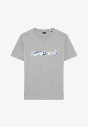 Gray cotton t-shirt with short sleeves and a round neck, featuring colorful text design: "THE KOOPLES" with varying shades of blue and green.