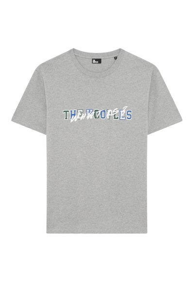 Gray cotton t-shirt with short sleeves and a round neck, featuring colorful text design: "THE KOOPLES" with varying shades of blue and green.
