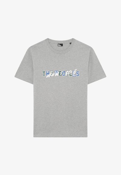 Grijze katoenen t-shirt met korte mouwen en een ronde hals, met een kleurrijk tekstontwerp: "THE KOOPLES" in verschillende tinten blauw en groen.
