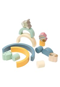 Wooden stacking toy featuring colored arches in blue, yellow, and green, with animal-shaped tops. Smooth, rounded design with playful details.