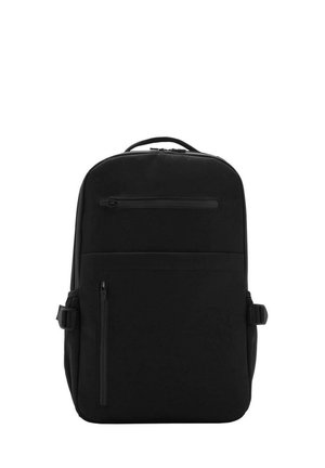 Black backpack with a smooth texture, featuring a top zipper, front zip pocket, and side buckle straps for adjustable fit.