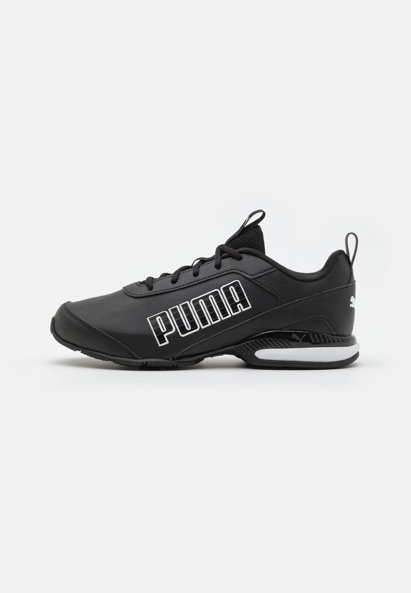 Black sports shoe with synthetic upper, featuring a white PUMA logo, lace-up design, padded collar, and textured sole.