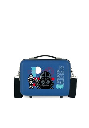 Bolso rectangular azul con asa y correa negras, decorado con el dibujo animado del casco de Darth Vader, dos stormtroopers y el texto "Darth Vader".