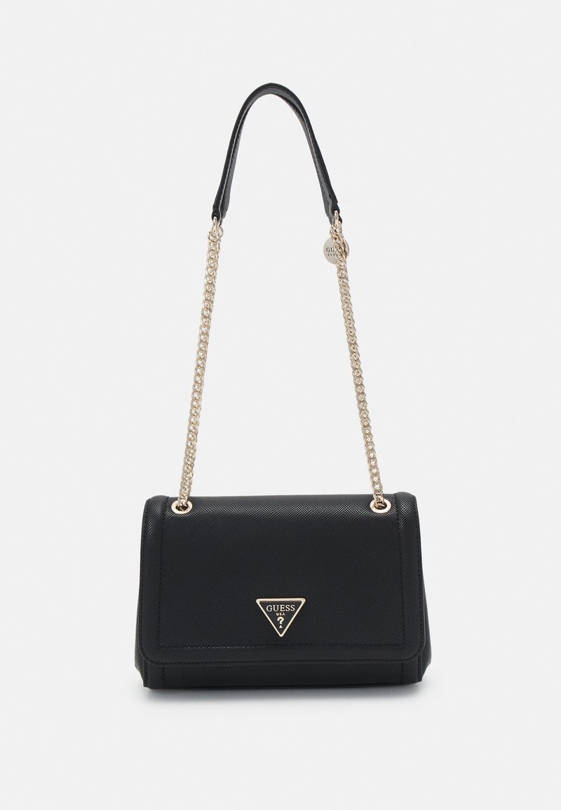 Black handbag made of textured material, featuring a gold-accented chain strap and a triangular logo plaque on the front.