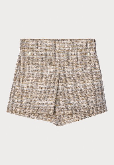 Brune rutete vevde shortser med en teksturert finish, som har to sølv knapper foran og en skreddersydd, strukturert design.