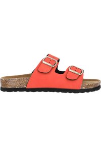 Sandales couleur corail avec deux boucles réglables, semelle intermédiaire en liège et semelle extérieure en caoutchouc noir texturé. Conçues pour le confort et la facilité de port.