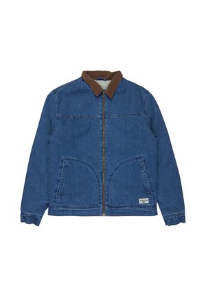 Jeansjakke med en brun kordfløjlskrage, lynlåslukning, to store forlommer og tekstureret stof. Har kontraststikninger.