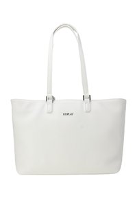 Weißer Tragetasche aus glattem synthetischem Material mit zwei langen Griffen, silbernen Beschlägen und einem dezenten Logo auf der Vorderseite.