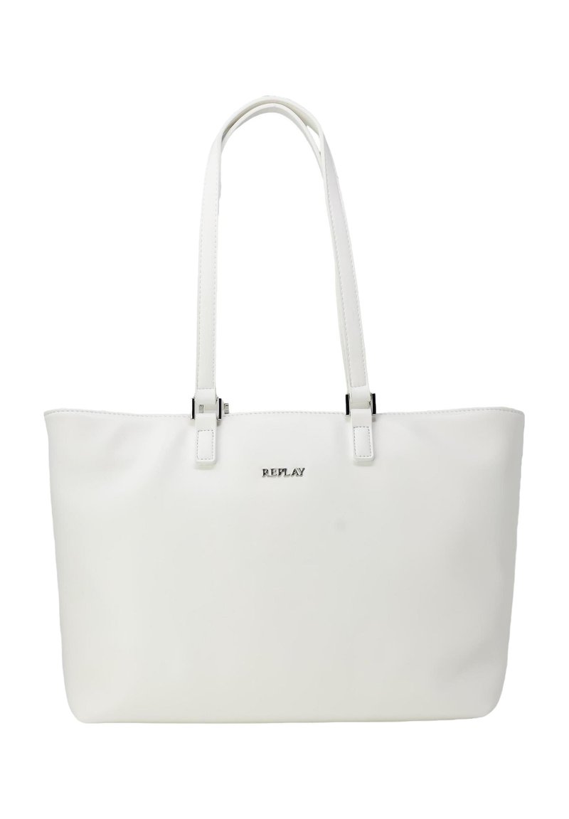 Weißer Tragetasche aus glattem synthetischem Material mit zwei langen Griffen, silbernen Beschlägen und einem dezenten Logo auf der Vorderseite.