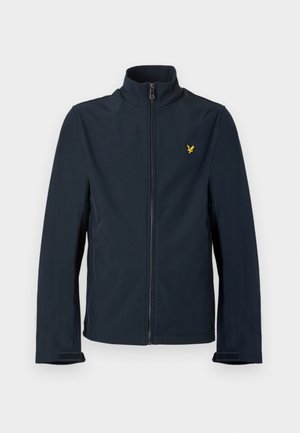 Marineblaue Zip-up-Jacke mit hohem Kragen, langen Ärmeln, verstellbaren Manschettenriemen und einem kleinen gelben Vogel-Logo auf der linken Brust.