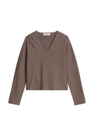 Brauner, langärmeliger V-Ausschnitt-Pullover mit kurzem Schnitt und gerippter Struktur. Etikett am Halsansatz sichtbar. Weicher Stoff, minimalistisch im Stil.