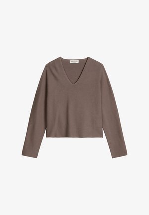 Brązowy sweter z długim rękawem i dekoltem w serek, o kroju cropped i prążkowanej strukturze. Metka widoczna na dekolcie. Miękki materiał, minimalistyczny styl.