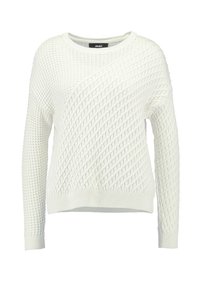 Weißer Strickpullover mit langen Ärmeln, Rundhals und diagonaler Zopfmusterung auf der Vorderseite.