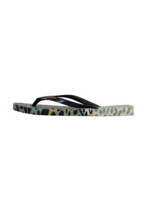 Sandale flip-flop avec des brides noires et un motif léopard vert, noir, marron et beige sur la semelle.