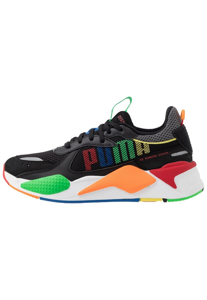 Black athletic shoes with a mesh upper, featuring colorful accents in red, green, blue, and orange. Thick white sole with textured details.