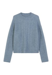 Hellblaues, strukturiertes Strickpullover mit langen Ärmeln und Rundhalsausschnitt. Verfügt über ein strukturiertes Muster, ein weiches, wollähnliches Material und eine lockere Passform.