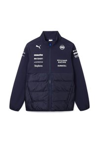 Granatowa kurtka z zamkiem błyskawicznym z przodu, wyściełanym dolnym odcinkiem oraz markowymi logo na rękawach i klatce piersiowej. Gładka tekstura materiału.