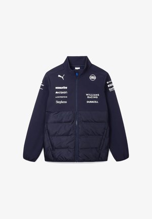 Granatowa kurtka z zamkiem błyskawicznym z przodu, wyściełanym dolnym odcinkiem oraz markowymi logo na rękawach i klatce piersiowej. Gładka tekstura materiału.