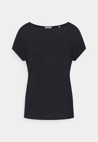 Haut noir à manches courtes pour femme avec large encolure ronde, coupe droite et taille cintrée sur fond blanc uni.