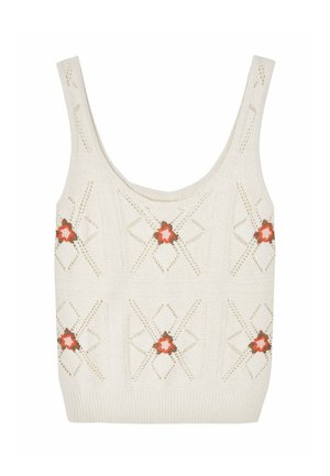 Top de tirantes tejido en crema con patrones en forma de diamante que incluyen motivos florales en marrón y naranja, y dobladillo acanalado.