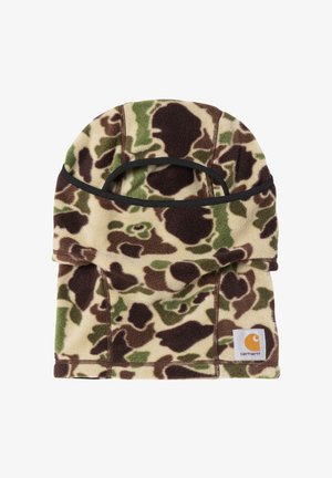 Cuello polar con patrón de camuflaje en beige, verde y marrón, con un ribete negro sólido y una etiqueta con el logo de Carhartt.