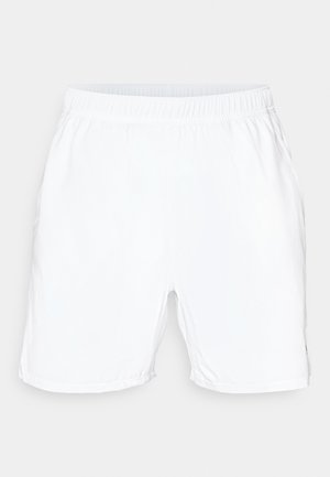 Baltas sporta šorts ar elastīgu jostu, gluda tekstūra un īss garums. Nav redzamu rakstu vai papildu detaļu.