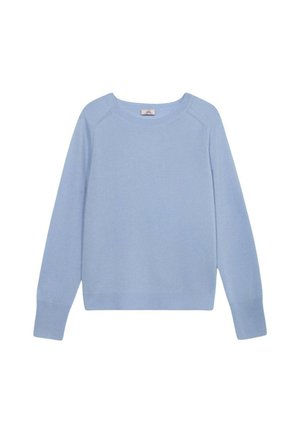 Hellblauer Strickpullover mit langen Ärmeln, einem runden Halsausschnitt und gerippten Bündchen und Saum. Einfacher, strukturierter Stoff mit glatter Oberfläche.