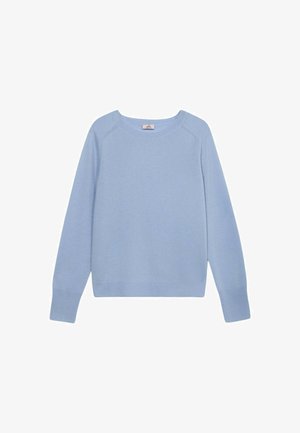 Suéter de punto azul claro con mangas largas, cuello redondo y puños y dobladillo acanalados. Tejido simple y texturizado con un acabado suave.